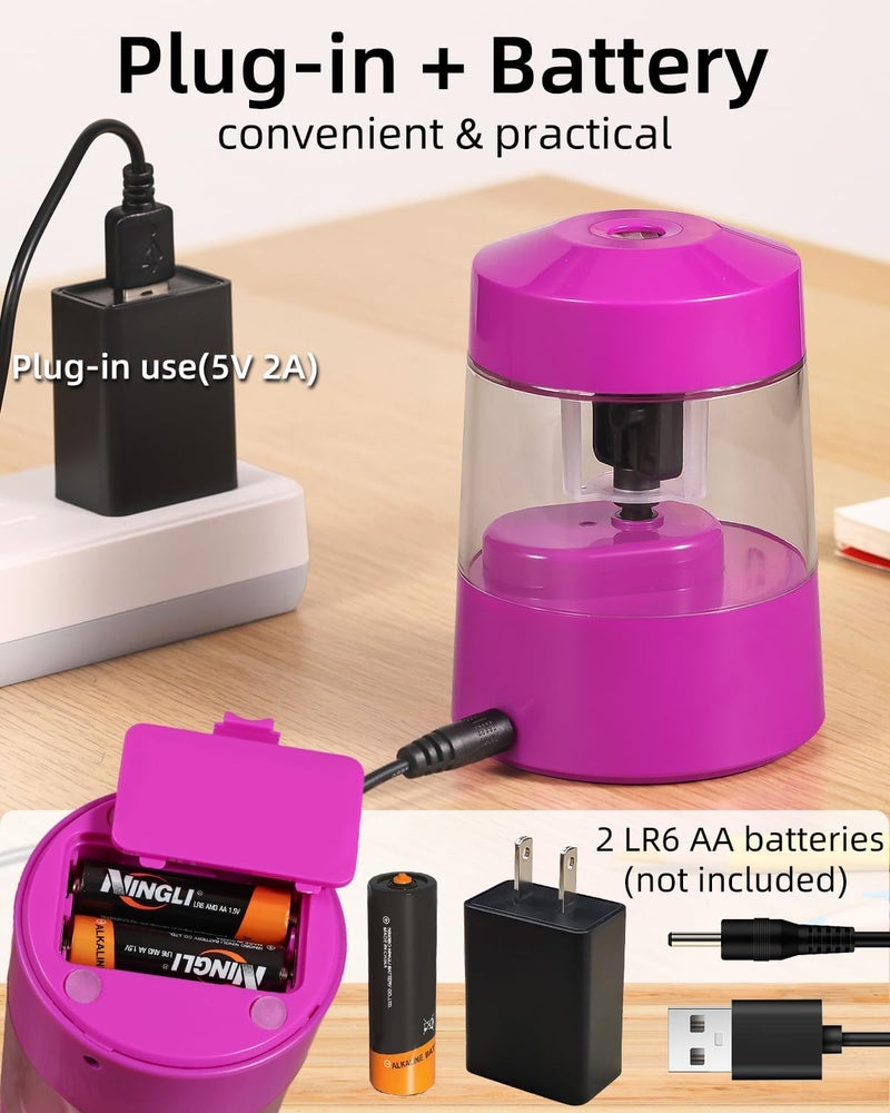 Zmol Electric Pencil Sharpener Battery Operated Power Kids for Colored & Jumbo Pencils No.2/(6-12mm) - Safe & Easy Use Plug in Portable with (AC Adapter,USB, Battery) for Classroom/Office/Home Pink - Image 4